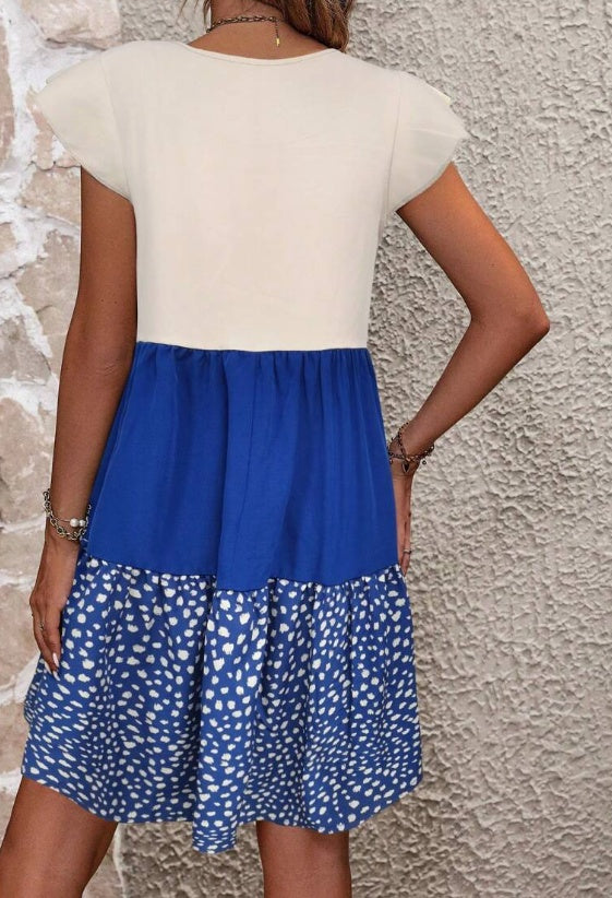 Sarah Express Color Block Floral Print Dress Ruffle Detail Pullover