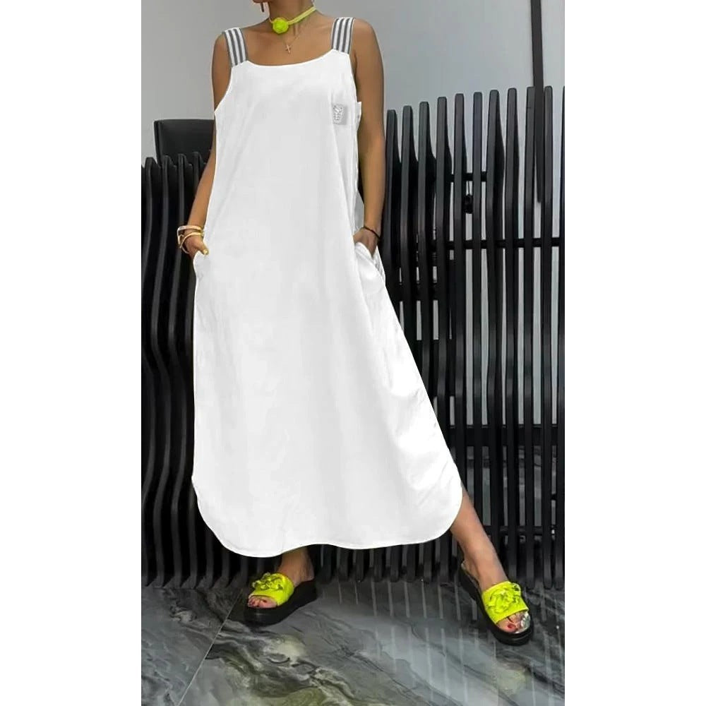 Sarah Express Women's Striped Cotton Linen Maxi Dress Sleeveless Shoulder Strap Dress with Pockets