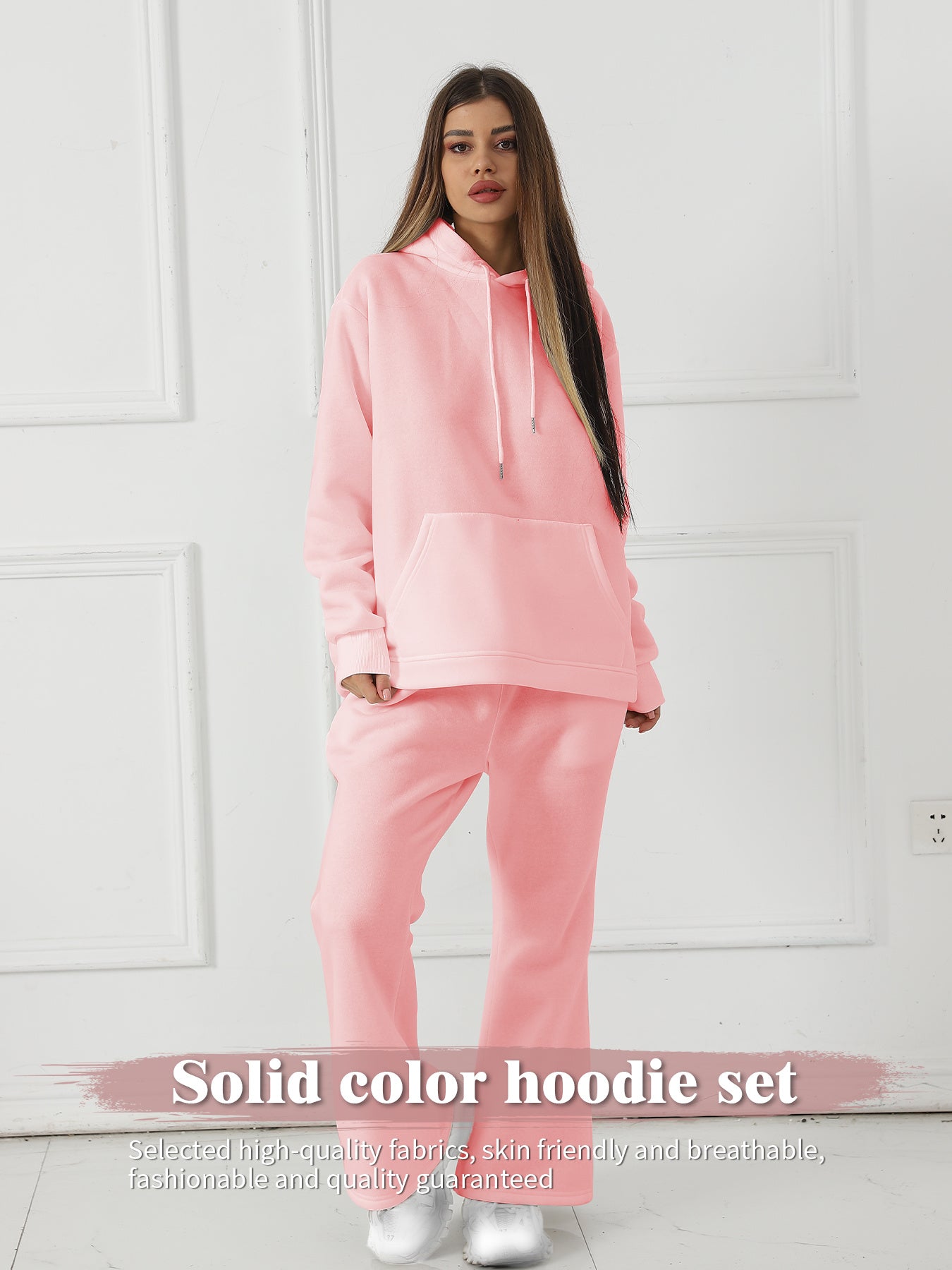 Sarah Express Women's Solid Color Sweatshirt Pants Set - Long Sleeve Casual Loungewear Two-Piece