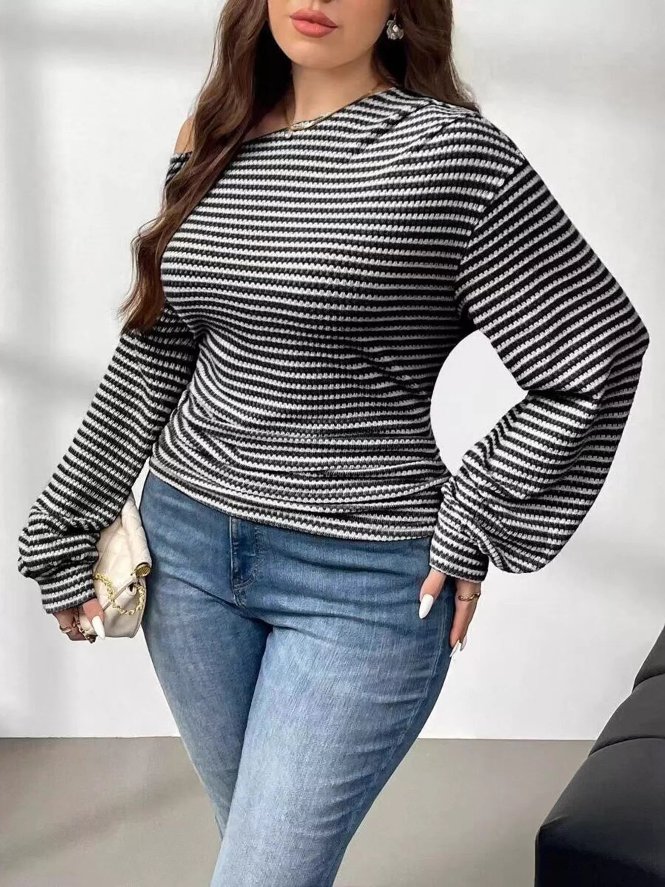 Sarah Express Women's Plus Size Striped One-Shoulder Long Sleeve T-Shirt
