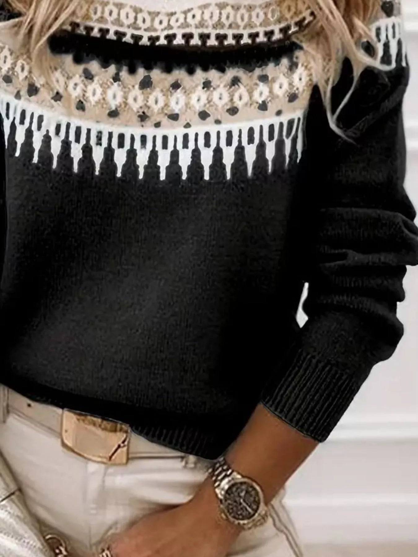 Sarah Express Women's Vintage Patterned Round Neck Sweater Plus Size