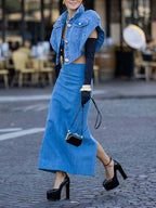 Sarah Express Women's Denim Vest Jacket High Waist Skirt Two-Piece Matching Set