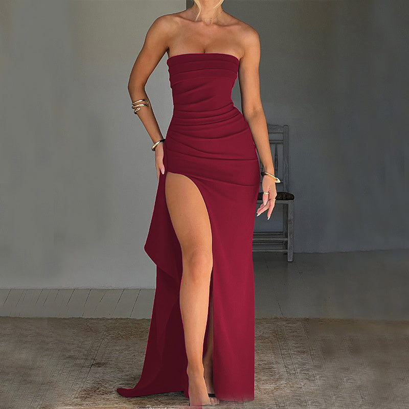 Strapless Pleated Maxi Dress Backless Split A-Line Wedding Party