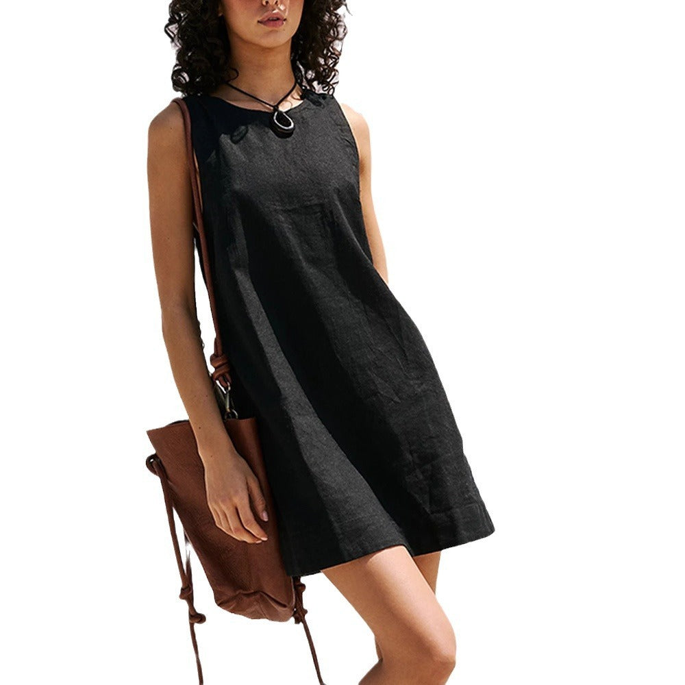 Sarah Express Women's Cotton Linen Backless Mini Dress Sleeveless Vest Style