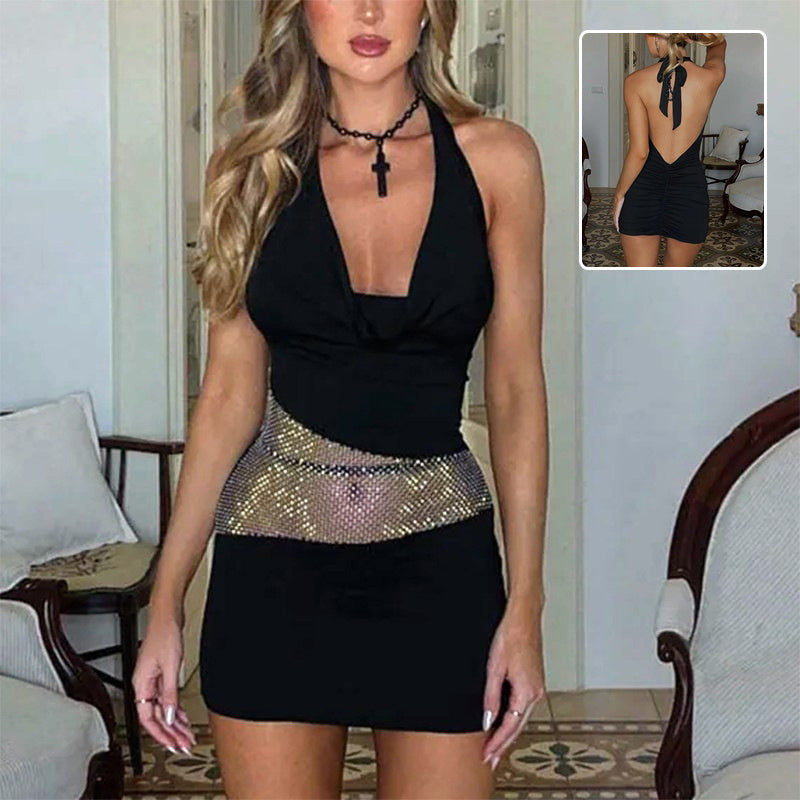 Sarah Express Women's Sequin Mesh Deep U-Neck Halter Mini Dress High Waist
