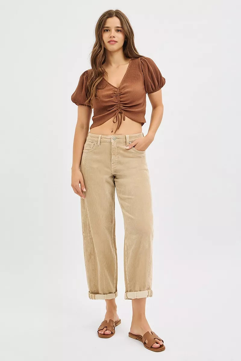 Sarah Express Women's High Rise Crop Barrel Corduroy Pants