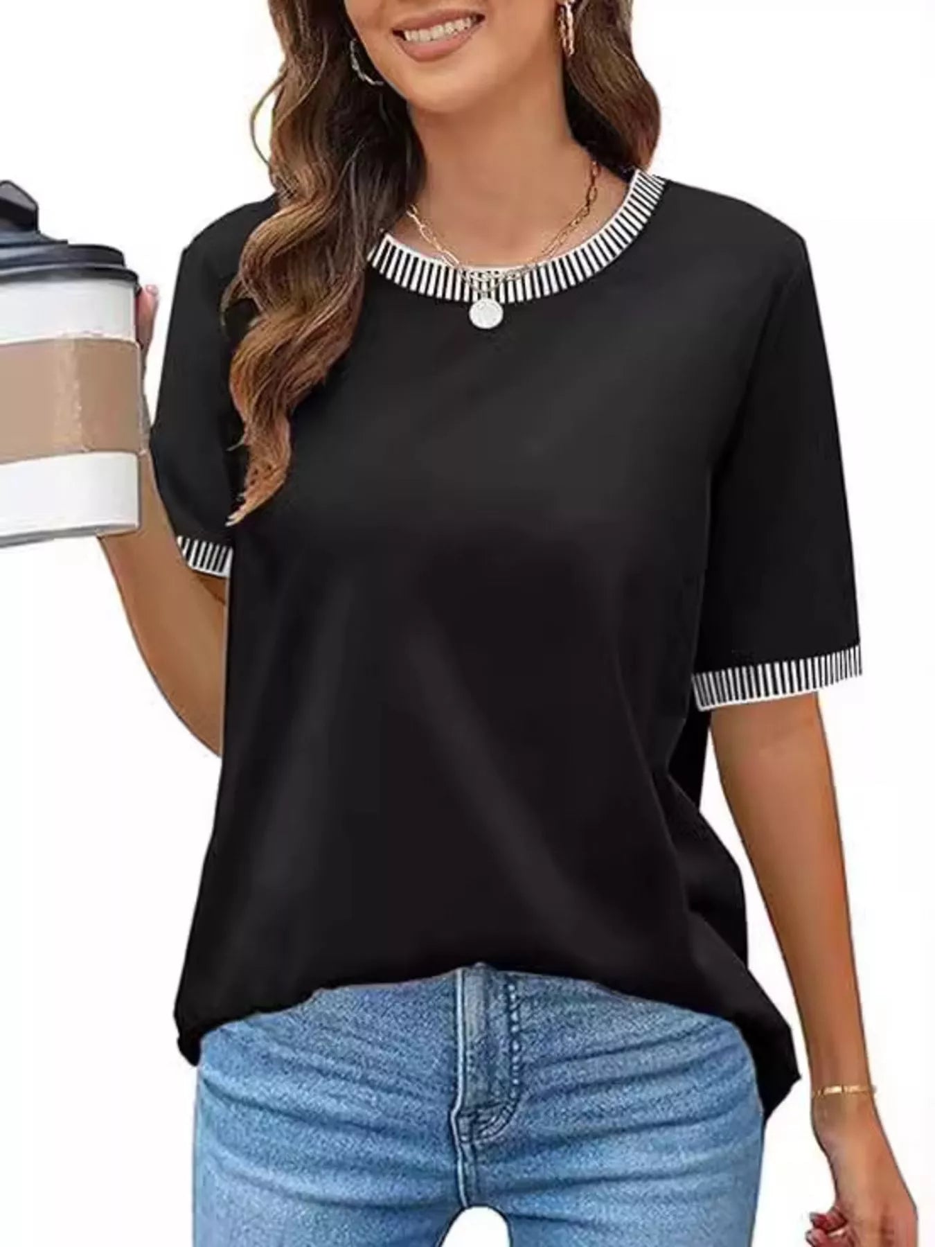 Sarah Express Women's Striped Trim Casual T-Shirt - Relaxed Fit Short Sleeve Top Black