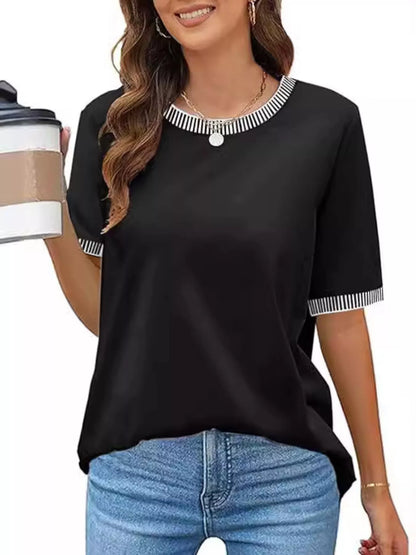 Sarah Express Women's Striped Trim Casual T-Shirt - Relaxed Fit Short Sleeve Top Black