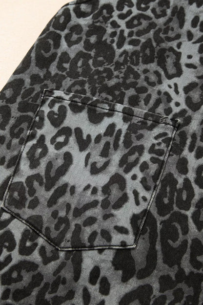 Sarah Express Women's Leopard Print Denim Overalls - Adjustable Strap Cropped Loose Fit Jumpsuit