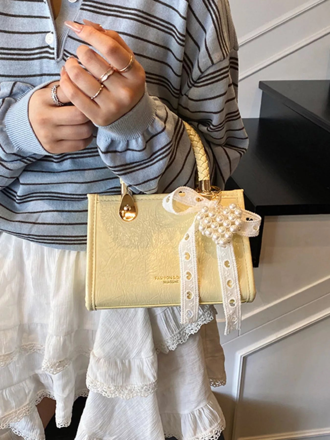 Sarah Express Women's Mini Crossbody Bag with Pearl Decor & Braided Handle