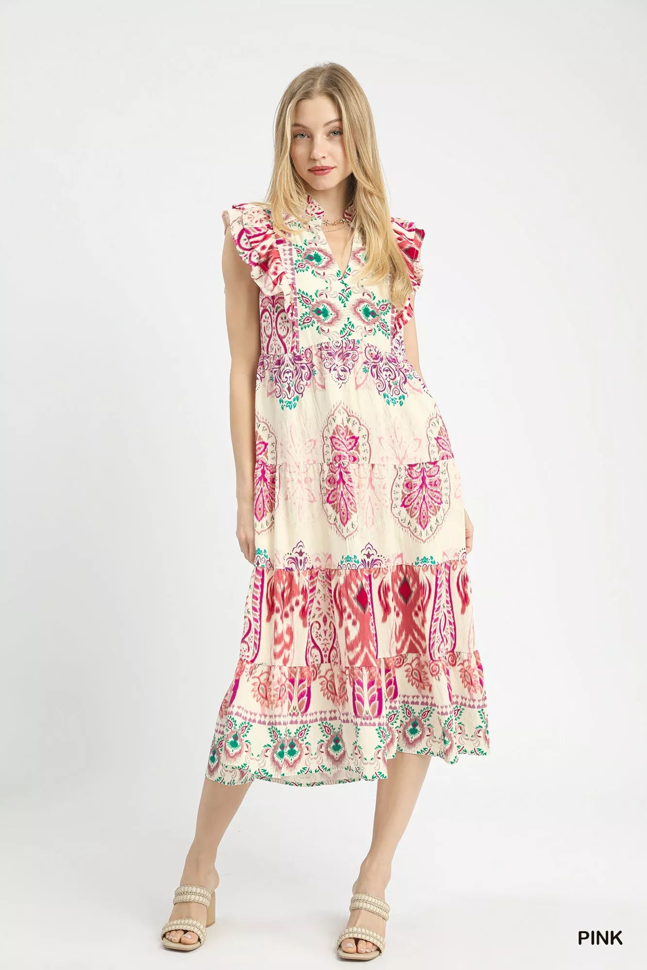 Sarah Express Women's Boho Border Print Ruffle Midi Dress