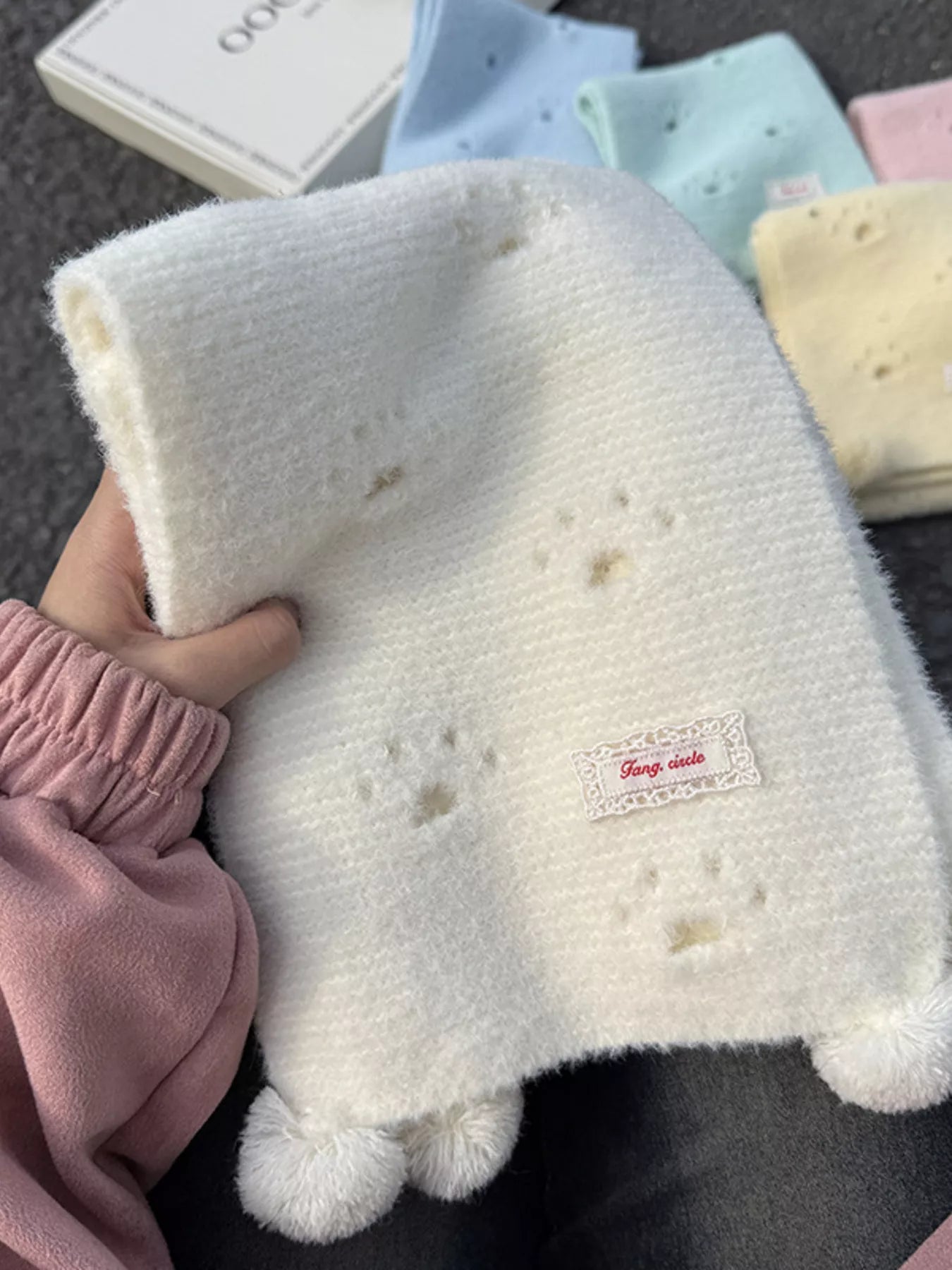 Trendsi Women's Cat Paw Pom-Pom Knitted Scarf Milky White ONESIZE