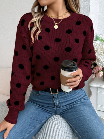 Sarah Express Women's Casual Color Block Polka Dot Pullover Sweater - Long Sleeve Knit Top