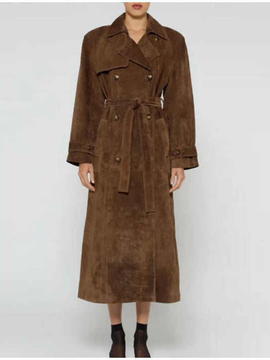 Sarah Express Women's Vintage Double Breasted Tie Waist Coat - Belted Trench Coat Brown