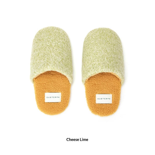 Sarah Express Woolen Color-Blocked Home Slippers - Warm Non-Slip Indoor Cotton Slippers for Women & Men Cheese Lime