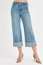Sarah Express Women’s Plus Size Tummy Control High Rise Ankle Jeans with Wide Cuff
