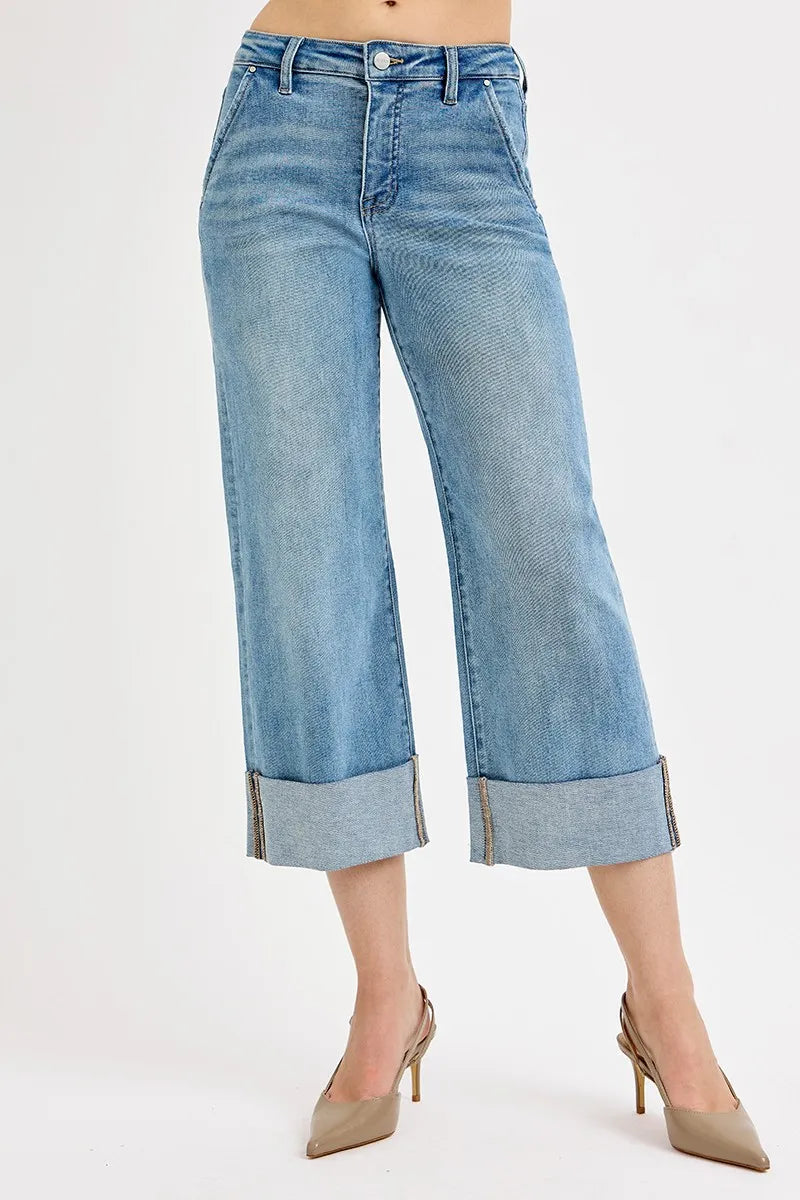 Sarah Express Women’s Plus Size Tummy Control High Rise Ankle Jeans with Wide Cuff
