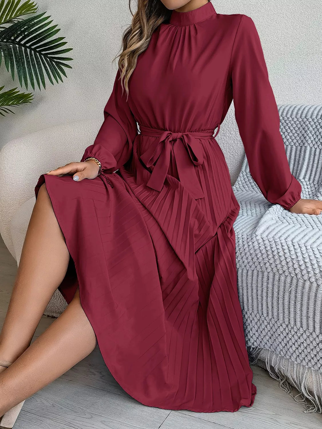 Sarah Express Women's Mock Neck Pleated Midi Dress - Elegant Tied Detail Burgundy
