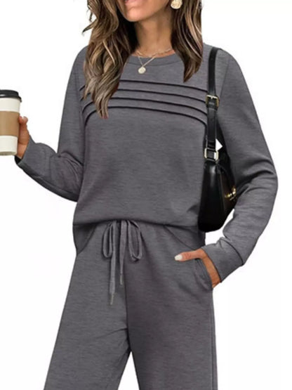 Sarah Express Women's Plus Size Round Neck Long Sleeve Top and Pants Lounge Set - Two Piece