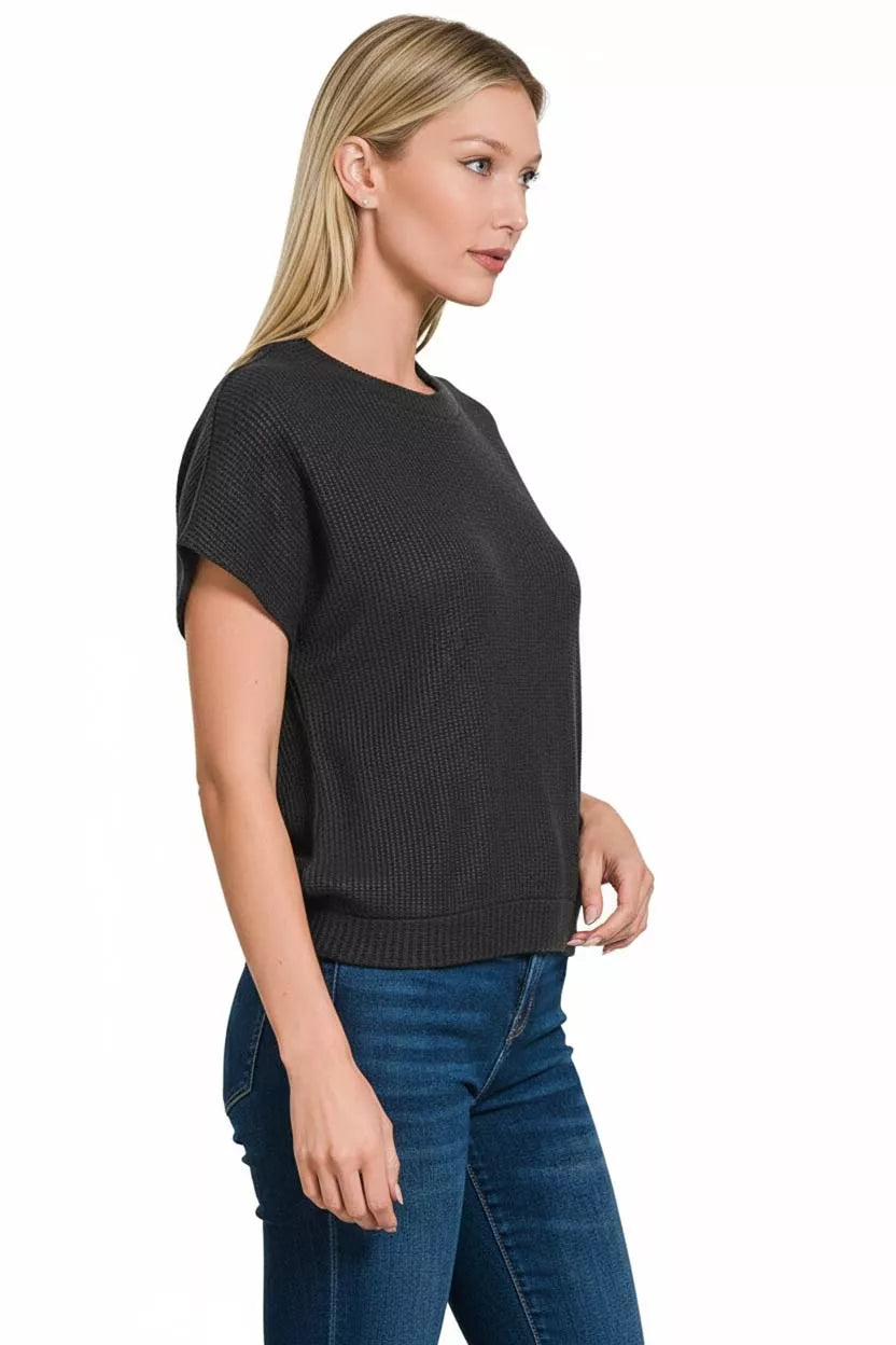 Sarah Express Women's Round Neck Banded Button Short Sleeve Sweater
