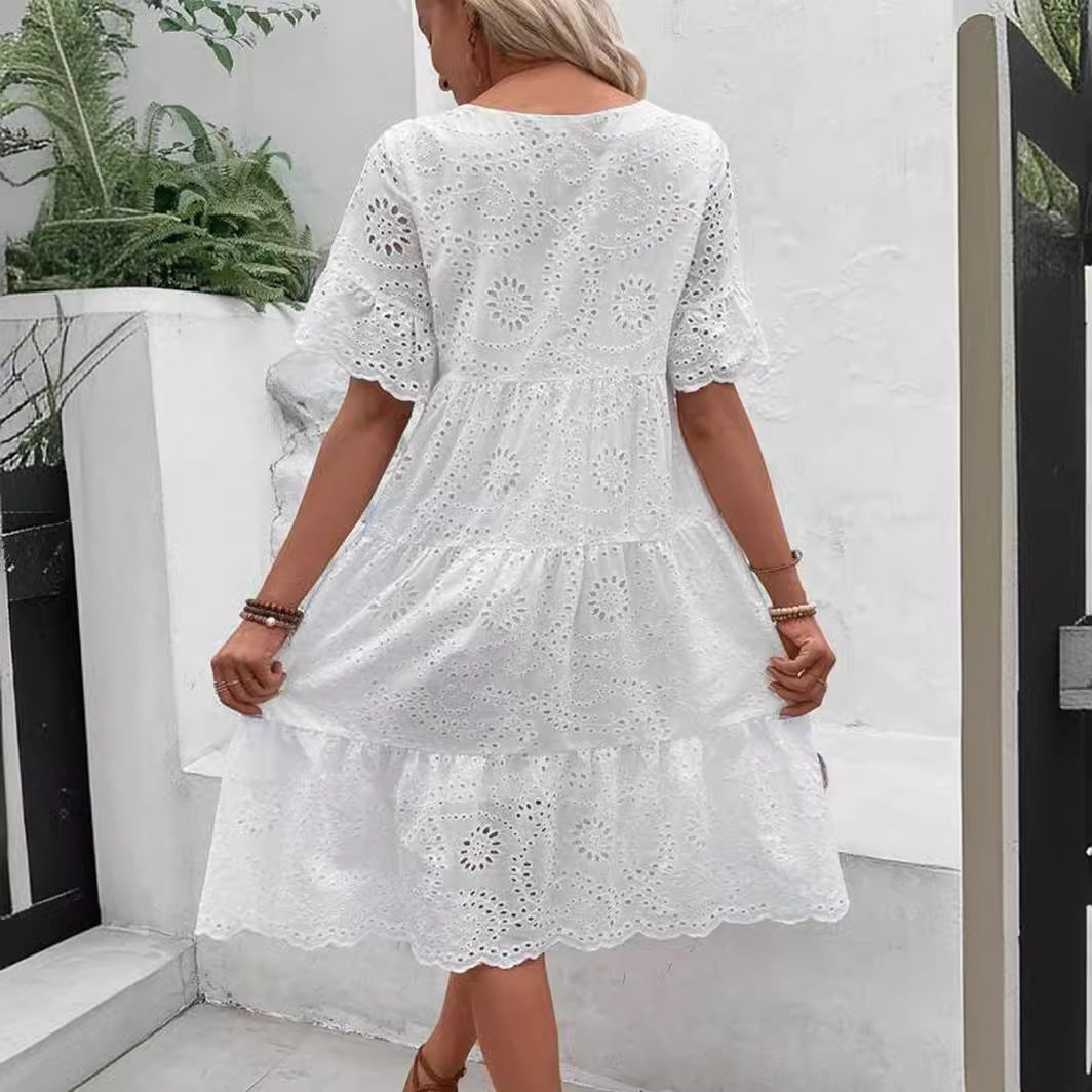 Sarah Express Women's Embroidered Floral Maxi Dress Ruffle Sleeve A-Line White Cotton Blend