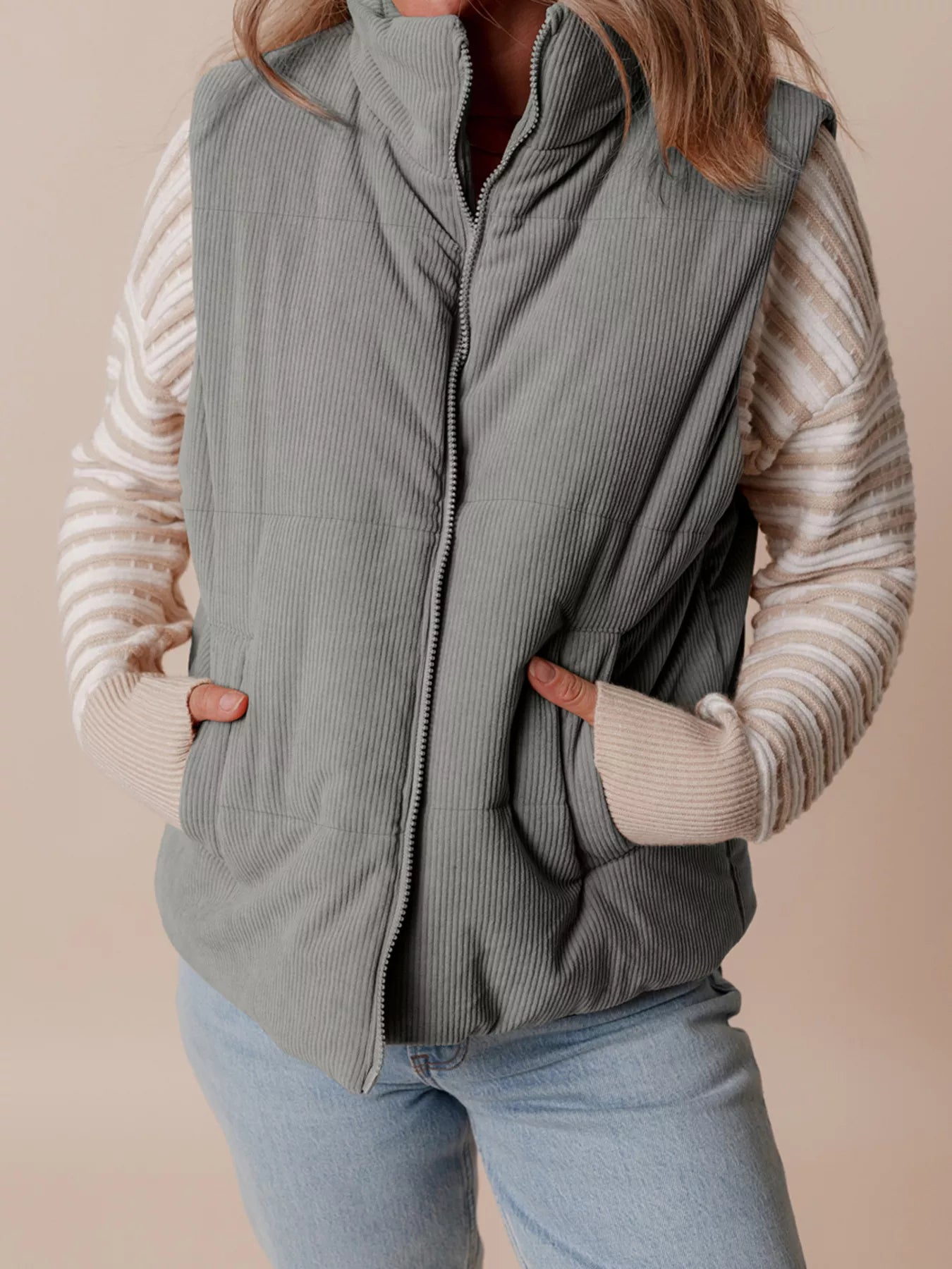 Sarah Express Women's Corduroy Stand Neck Zipped Puffer Vest