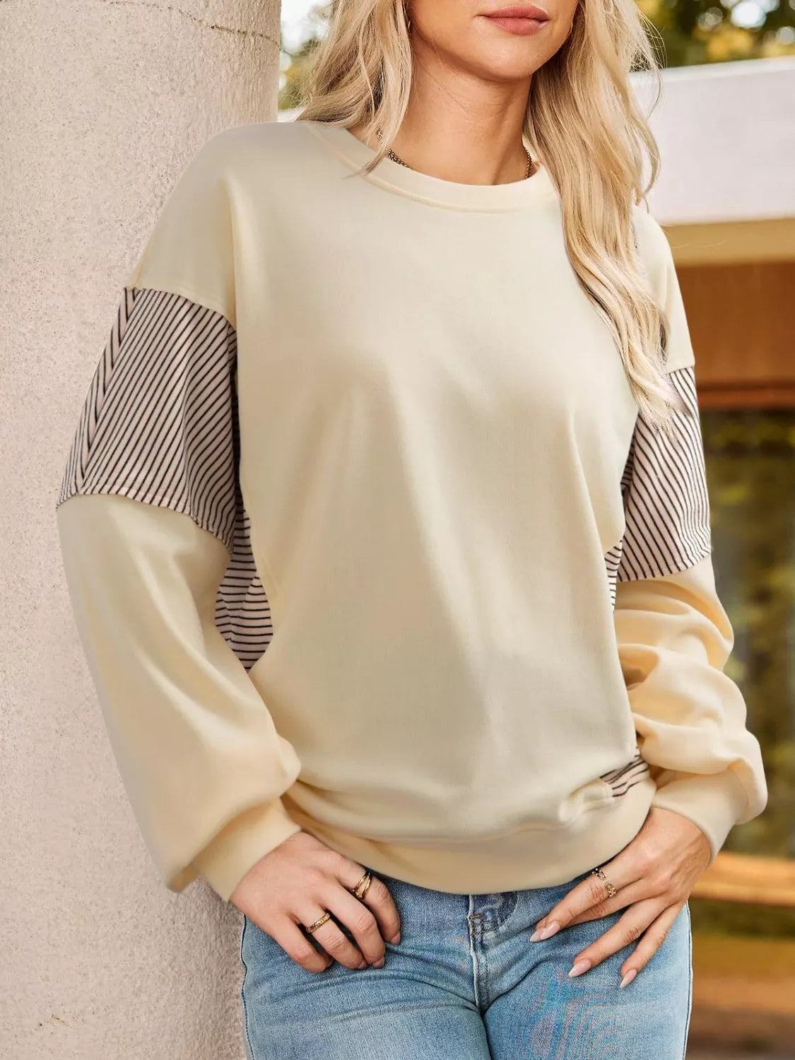Sarah Express Women's Color Block Striped Sleeve Casual Sweatshirt