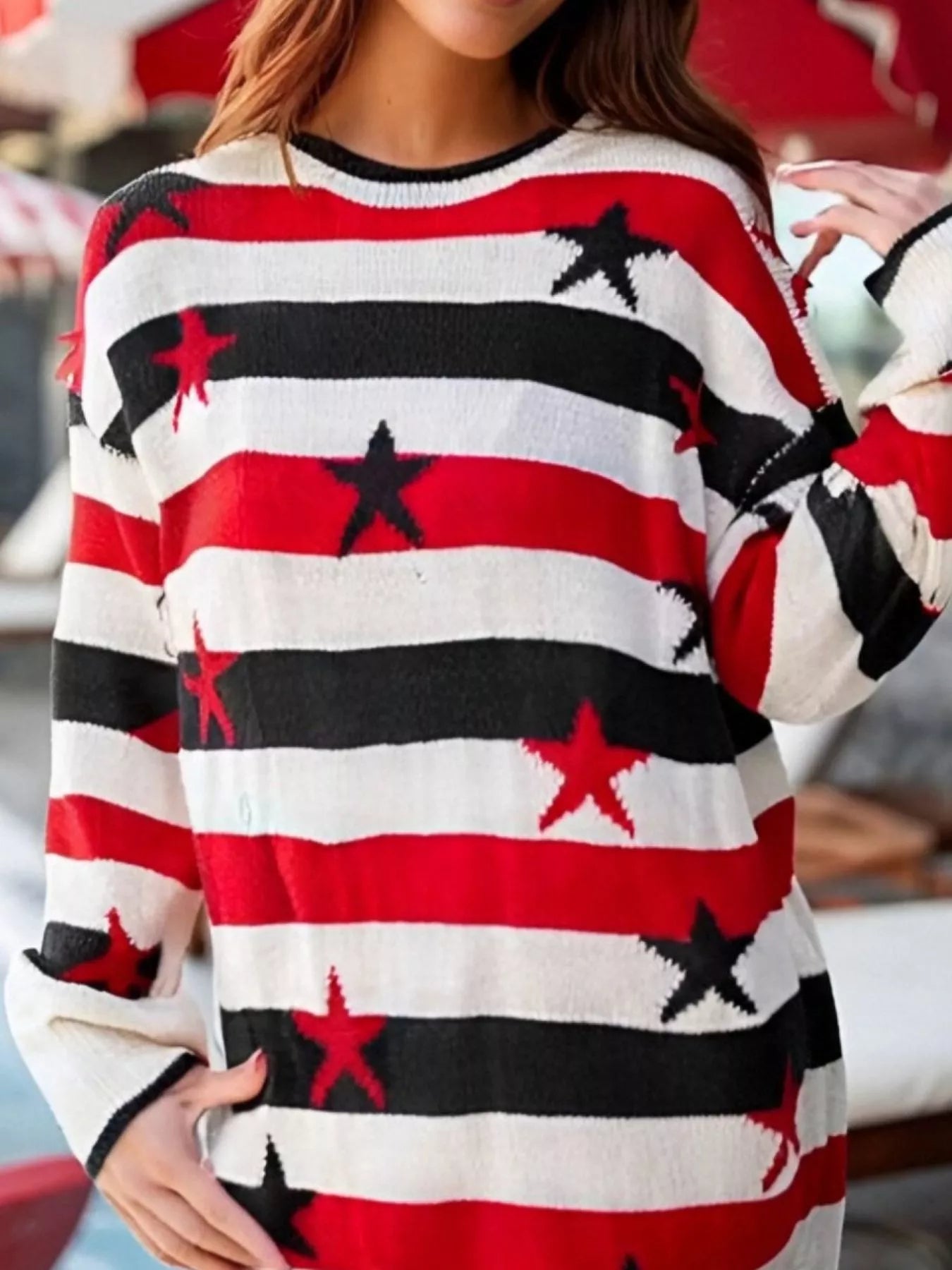 Sarah Express Women's Stars and Stripes Long Sleeve Sweater Black