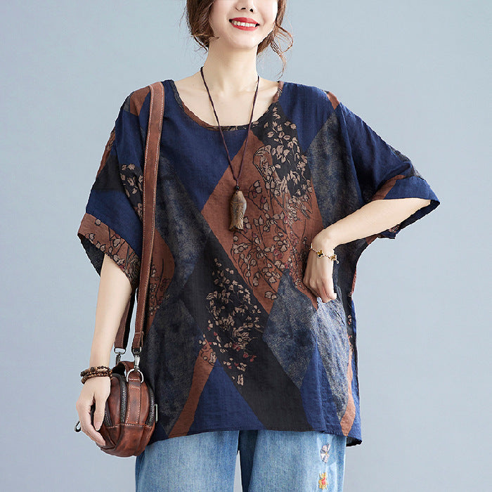Sarah Express Women's Retro Print Round Neck T-Shirt Loose Fit Short Sleeve Cotton Blend Top