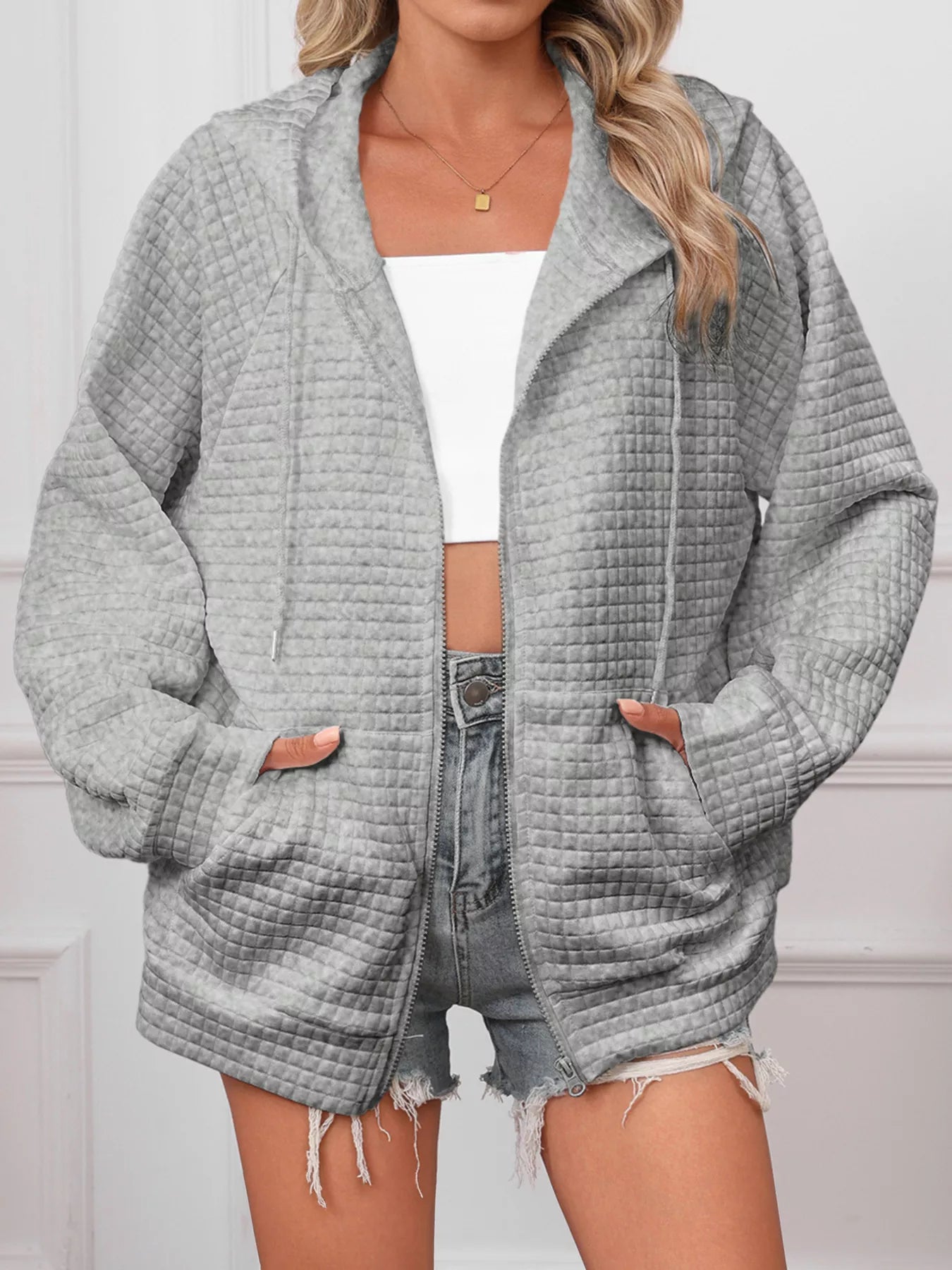 Sarah Express Women's Textured Quilted Zip-Up Hooded Jacket - Plus Size Lightweight Outerwear Grey