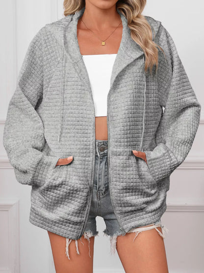 Sarah Express Women's Textured Quilted Zip-Up Hooded Jacket - Plus Size Lightweight Outerwear Grey