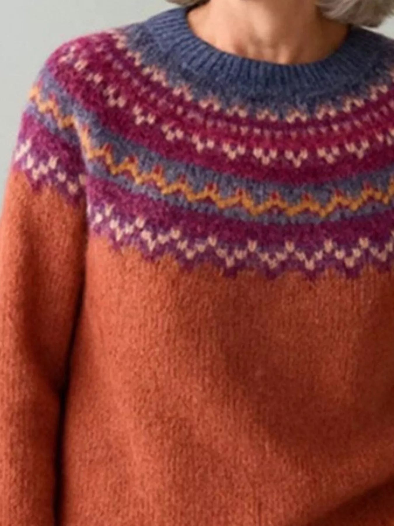 Sarah Express Women's Vintage Patterned Round Neck Sweater Plus Size