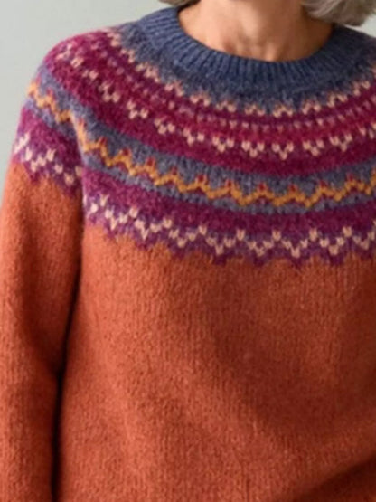 Sarah Express Women's Vintage Patterned Round Neck Sweater Plus Size