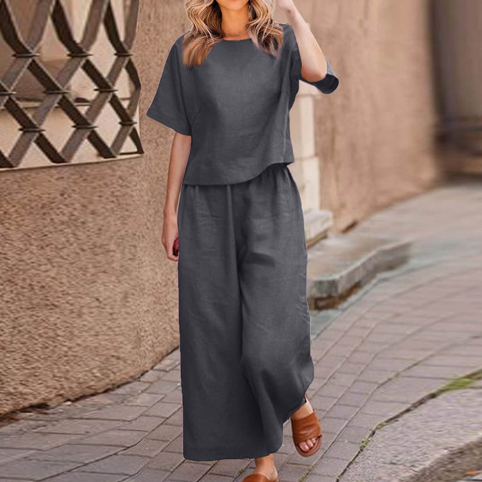 Sarah Express Cotton Linen Two-Piece Set Casual Loose Top Pants Outfit