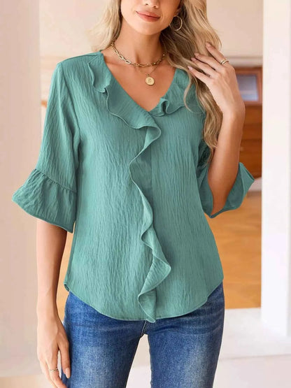Sarah Express Women's Ruffled Flounce Sleeve Blouse - Elegant Polyester Top