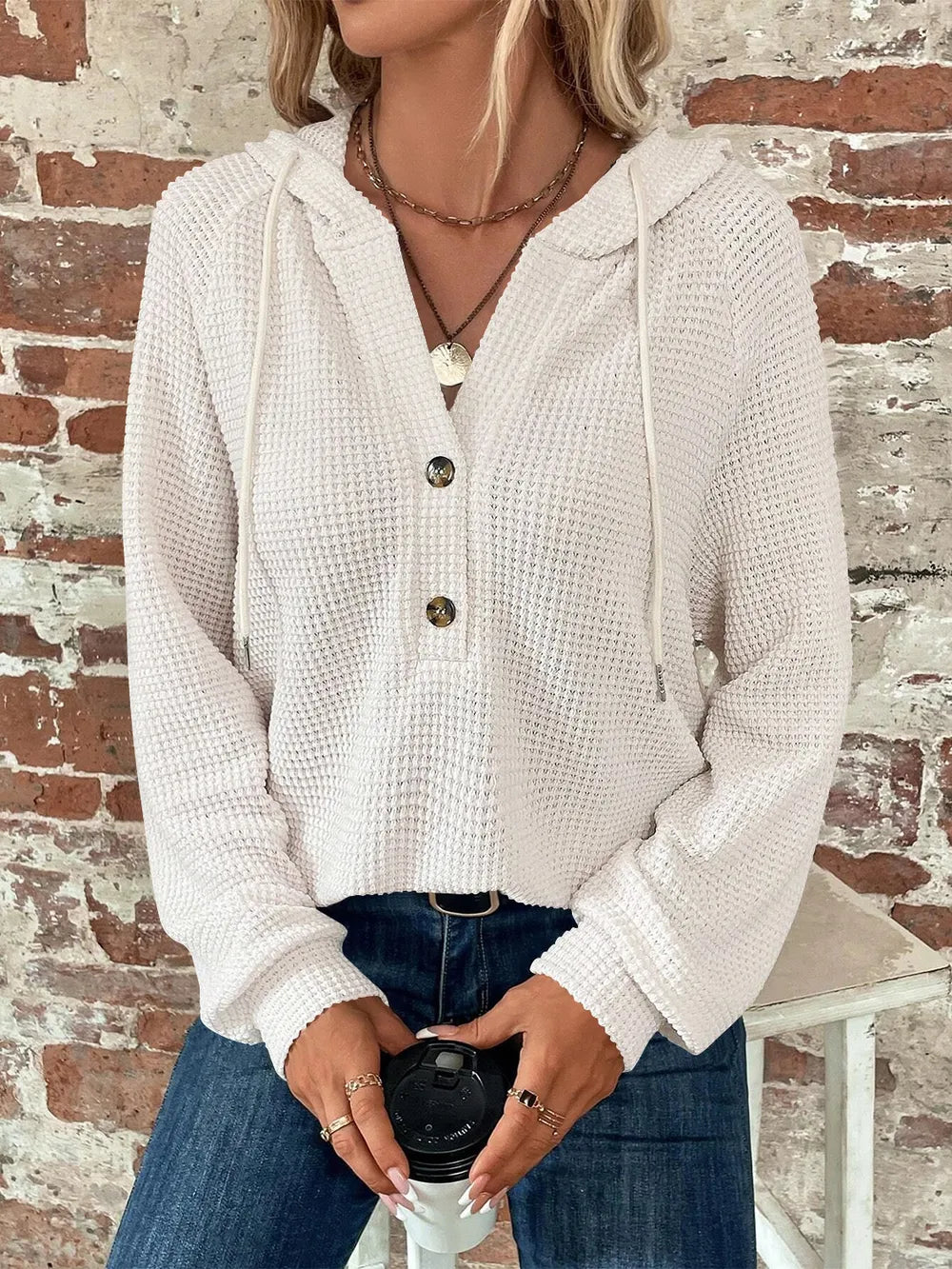 Sarah Express Women's Waffle Knit Long Sleeve Drawstring Hooded Top White