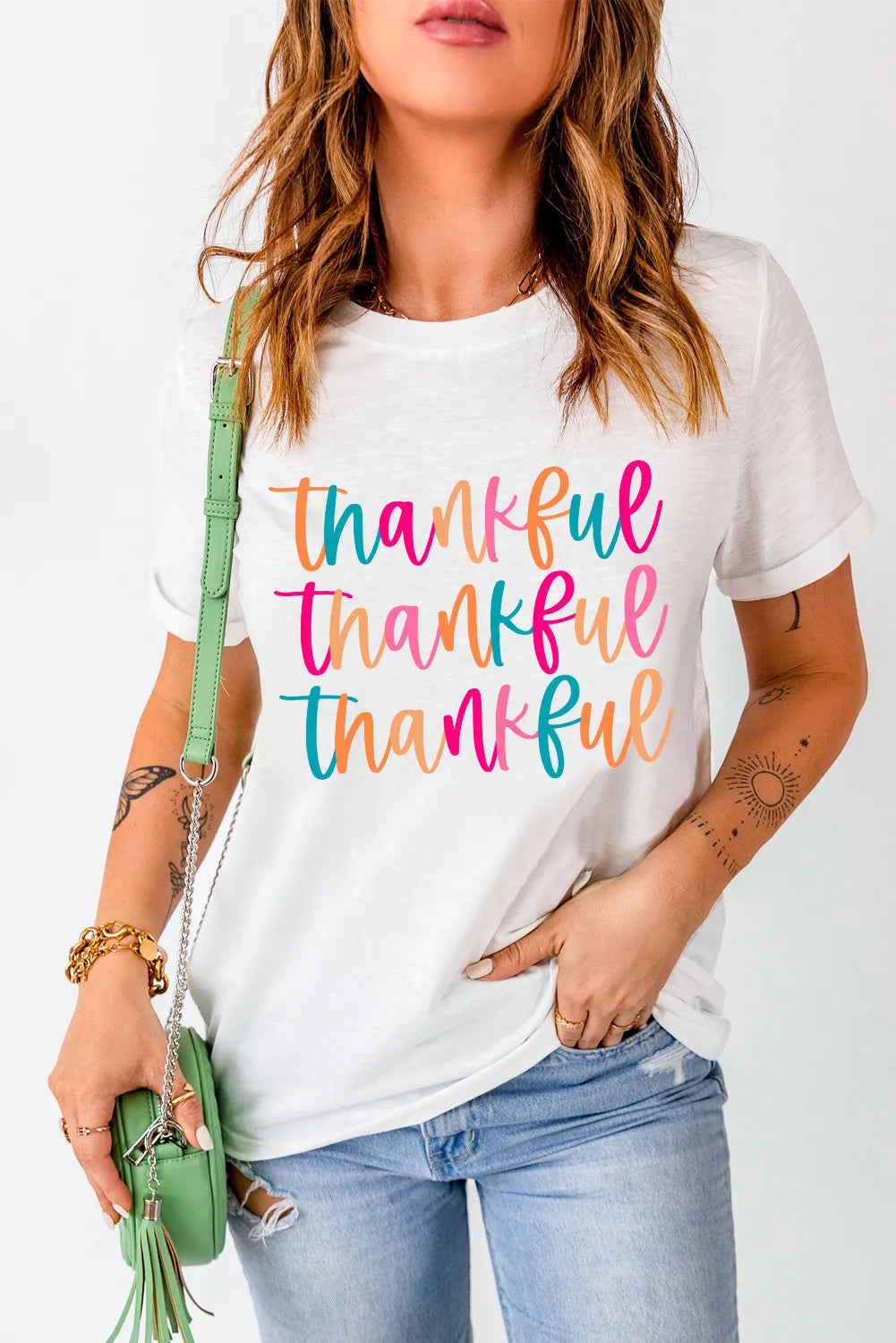 Sarah Express Women's THANKFUL Round Neck Short Sleeve T-Shirt