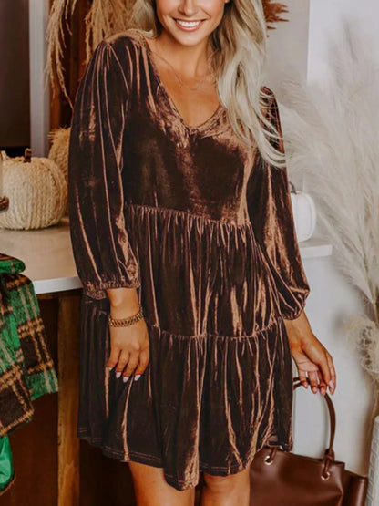 Sarah Express Women's Velvet V Neck Long Sleeve Tiered Mini Dress - Solid Color Brown