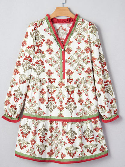 Sarah Express Women's Floral Print Long Sleeve Flared Dress with Frilled Neck - Vintage Inspired Midi Dress