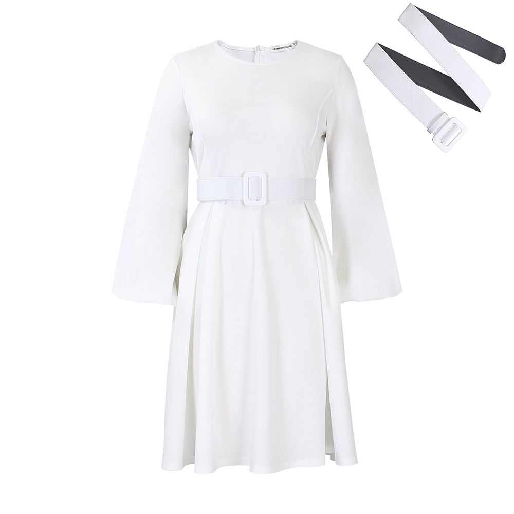 Women's Long Sleeve Belted Swing Dress - Elegant High Waist Mid-Length Dress