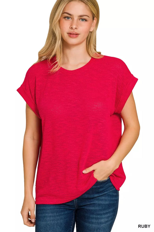 Sarah Express Women's Hacci Slub Rolled Up Sleeve Tee RUBY