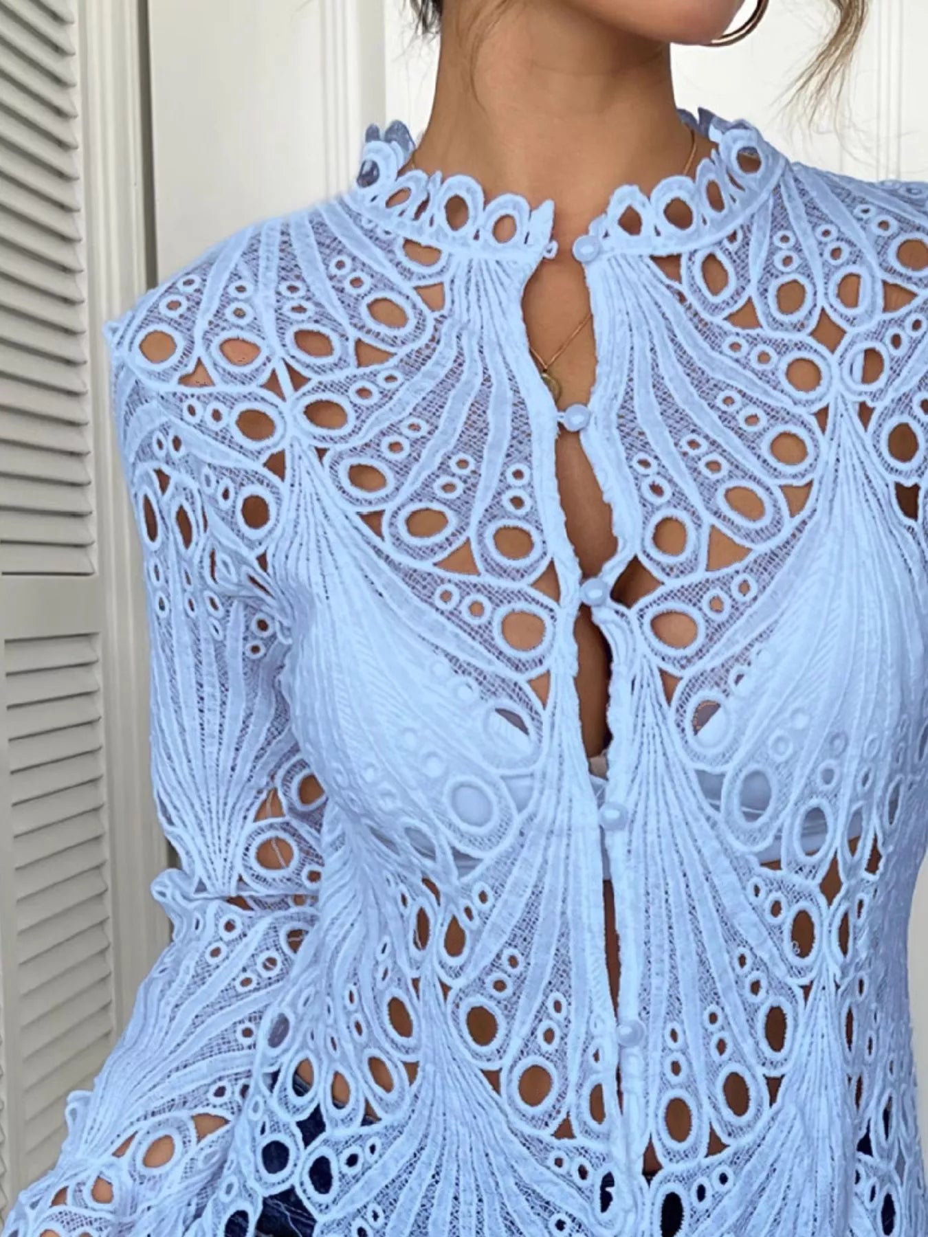 Sarah Express Women's Lace Button Up Long Sleeve Shirt - Elegant Openwork Blouse