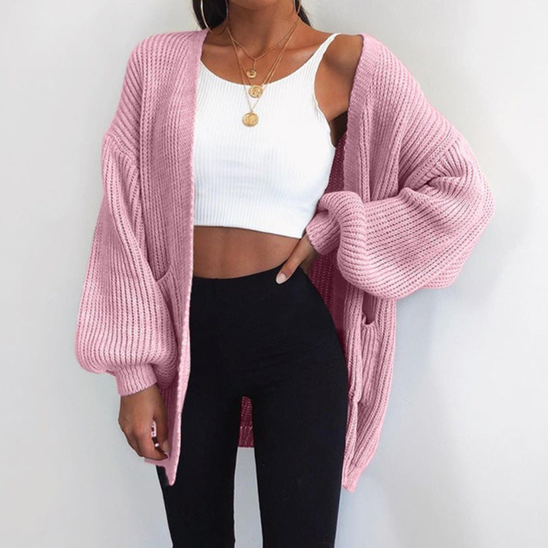 Sarah Express Women's Loose Fit Mid-Length Cardigan Sweater Open Front Knit Jacket Solid Color Casual