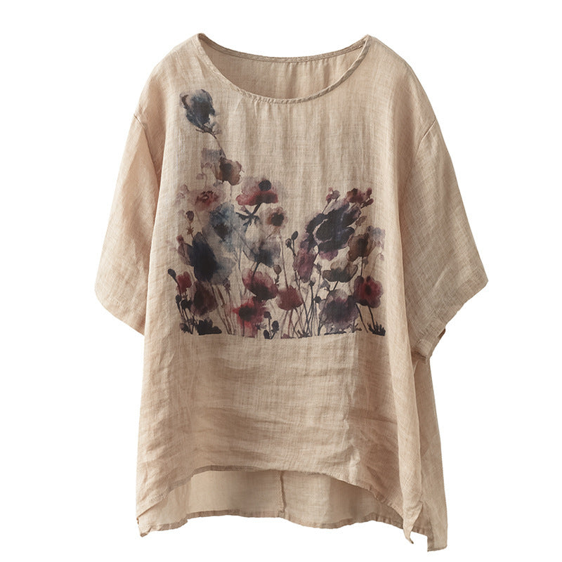 Sarah Express Vintage Ink Print High-Low Hem T-Shirt Hemp Blend Short Sleeve