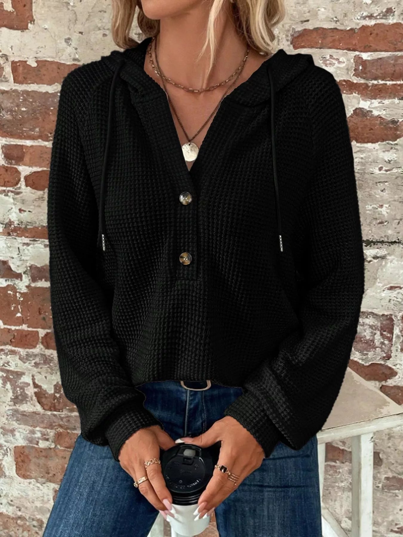 Sarah Express Women's Waffle Knit Button Detail Hoodie Black