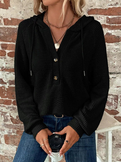 Sarah Express Women's Waffle Knit Button Detail Hoodie Black