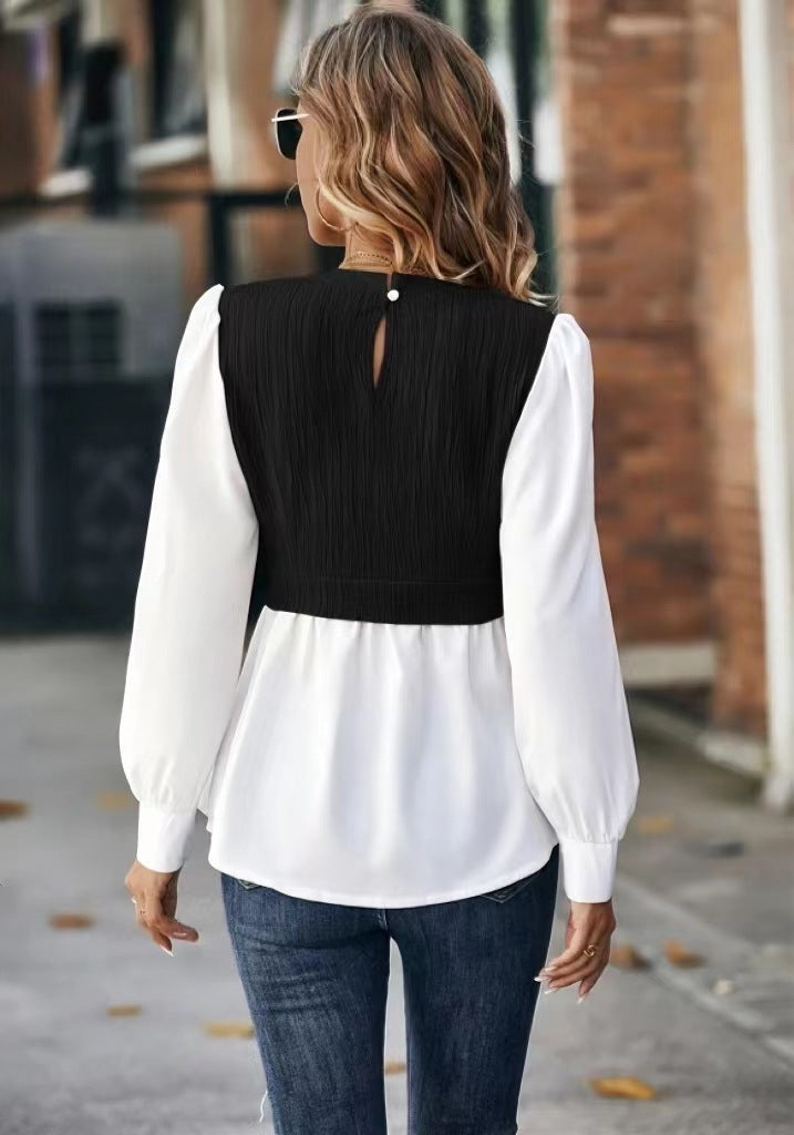 Sarah Express Wavy Stripe Blouse Long Sleeve Stitching Detail Pullover Top