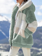 Women's Patchwork Hooded Short Jacket Plaid Grid Pattern Loose Fit Outerwear | Sarah Express