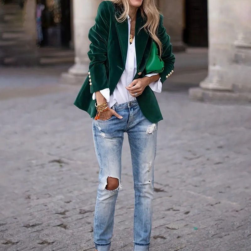 Sarah Express Women's Velvet Blazer - Single Breasted Slim Fit Business Jacket