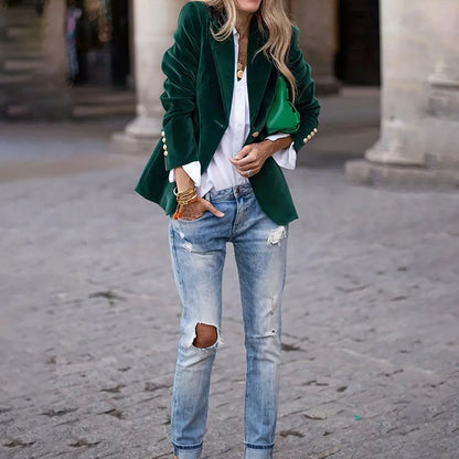 Sarah Express Women's Velvet Blazer - Single Breasted Slim Fit Business Jacket